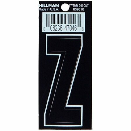 HILLMAN Letter, Character: Z, 3 in H Character, Black/White Character, Black Background, Vinyl 839610